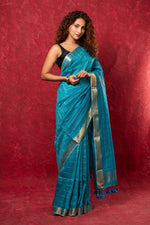 Thumbnail for Very Much Indian Designed by VMI Pure Silk Linen Saree with All Over Checks - Sea Blue - Distacart