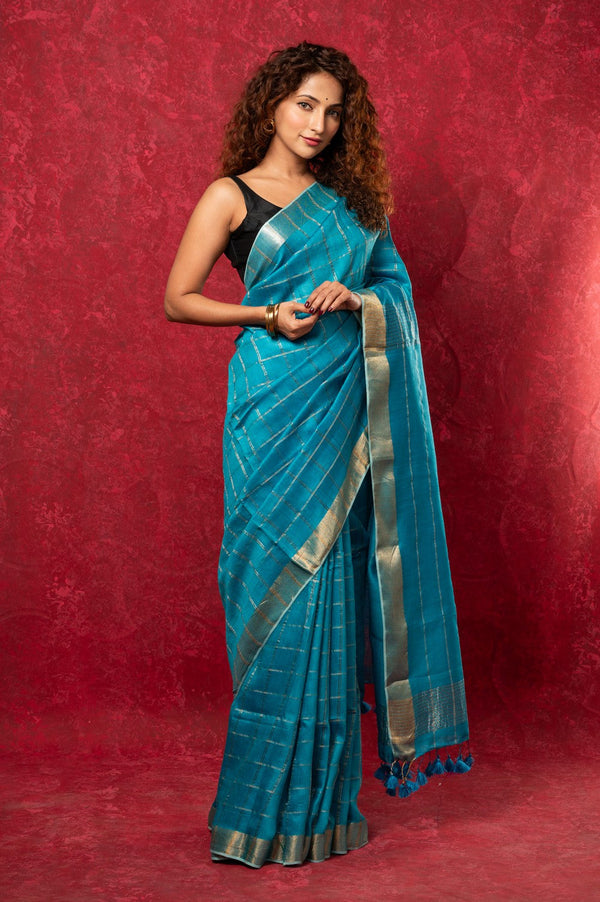 Very Much Indian Designed by VMI Pure Silk Linen Saree with All Over Checks - Sea Blue - Distacart