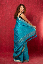 Thumbnail for Very Much Indian Designed by VMI Pure Silk Linen Saree with All Over Checks - Sea Blue - Distacart