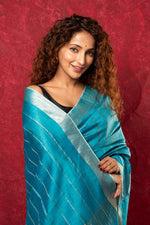 Thumbnail for Very Much Indian Designed by VMI Pure Silk Linen Saree with All Over Checks - Sea Blue - Distacart
