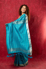 Thumbnail for Very Much Indian Designed by VMI Pure Silk Linen Saree with All Over Checks - Sea Blue - Distacart