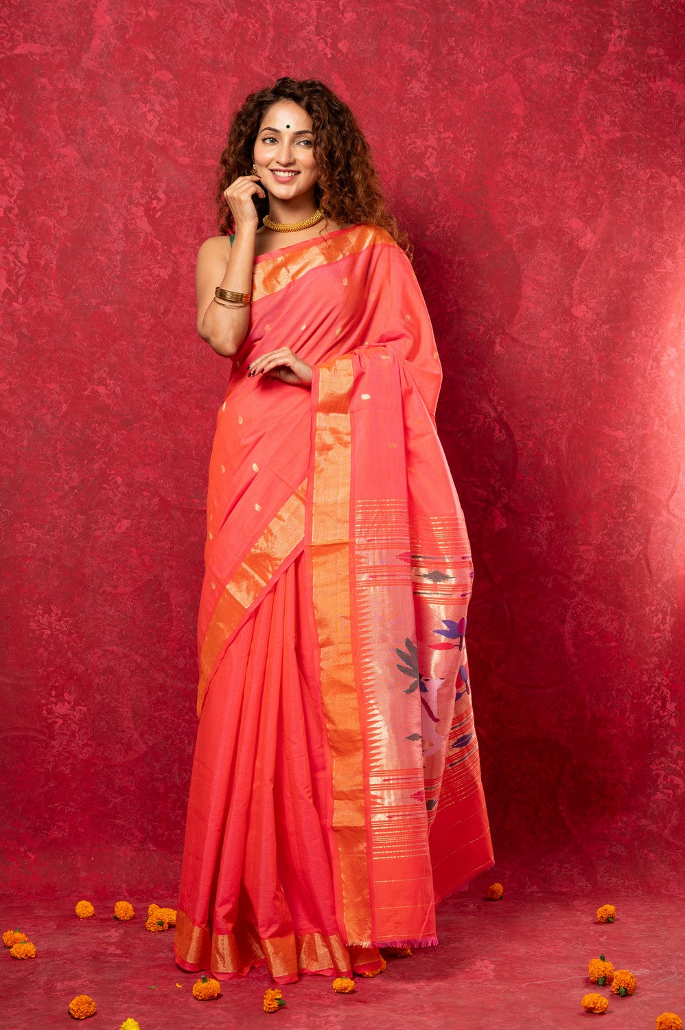 Very Much Indian Exclusive! Handloom Pure Cotton Paithani in Most Traditional Pink with Pichwai Pallu - Distacart