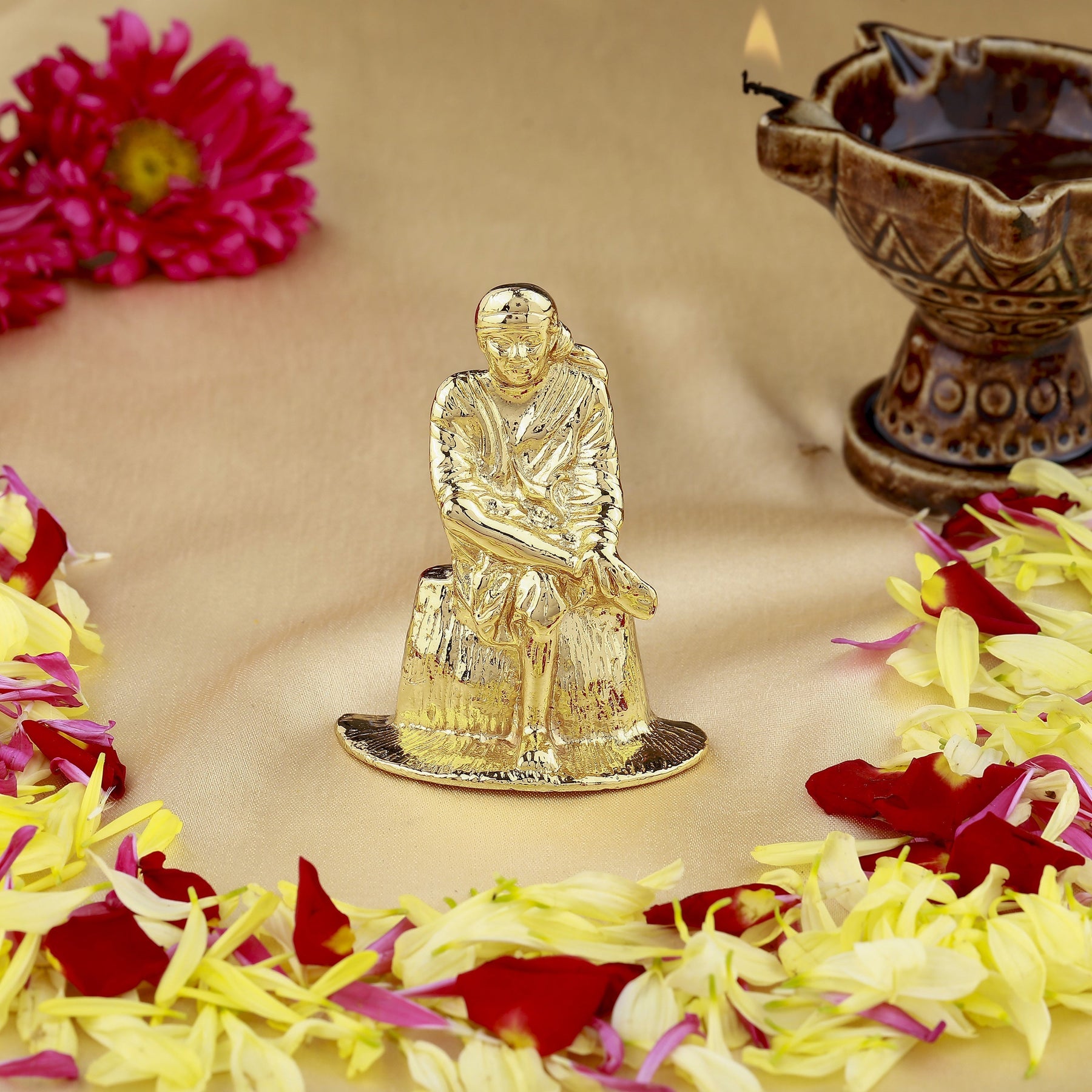 Estele Gold-Polished Divine Sirdi Sai Baba Idol with Sitting Position for Pooja/Gifts/Car decor - Distacart