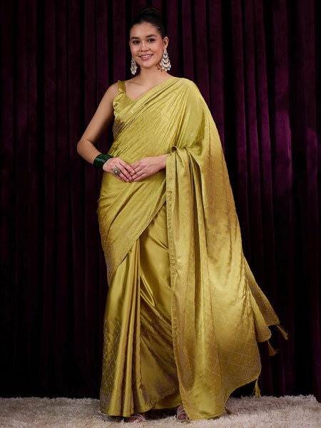 NOZ2TOZ Women's Satin Silk Mustard Embellished Designer Saree With Blouse Piece - Distacart