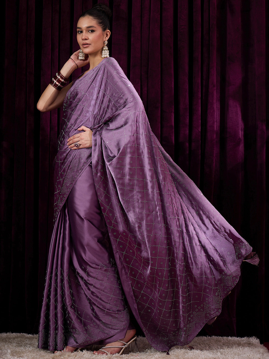 NOZ2TOZ Women's Satin Silk Violet Embellished Designer Saree With Blouse Piece - Distacart