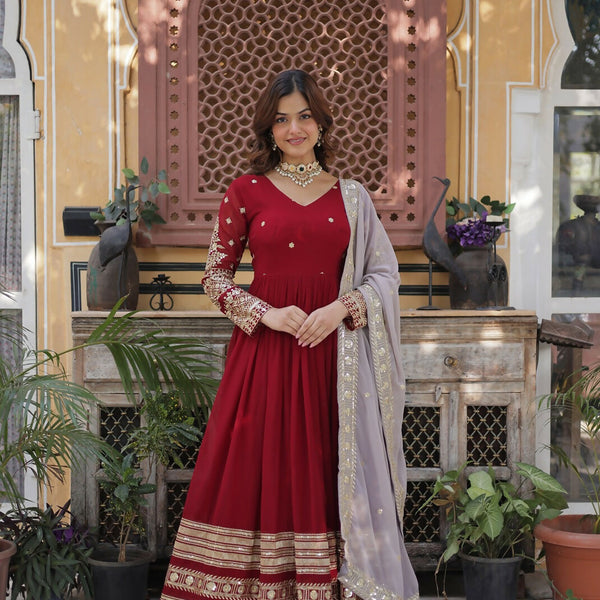 Joban Fashion Red Georgette Sequence Embroidery Work Kurta Set