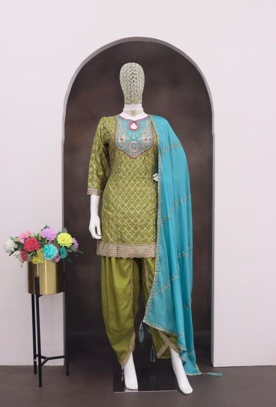 Aarshi Fashions Mehendi Green Dhoti Wedding Suit