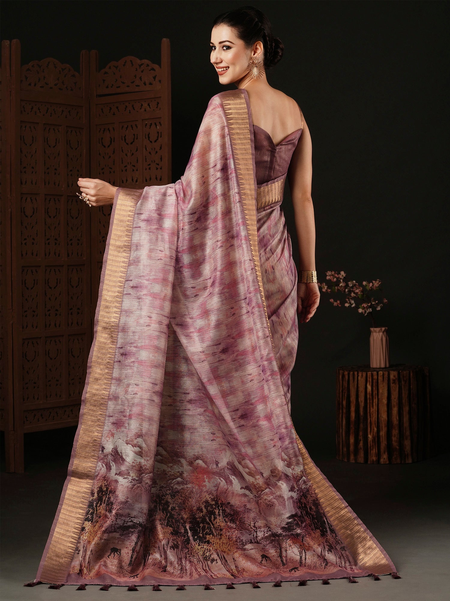 NOZ2TOZ Women's Organza Mauve Printed Designer Saree With Blouse Piece - Distacart