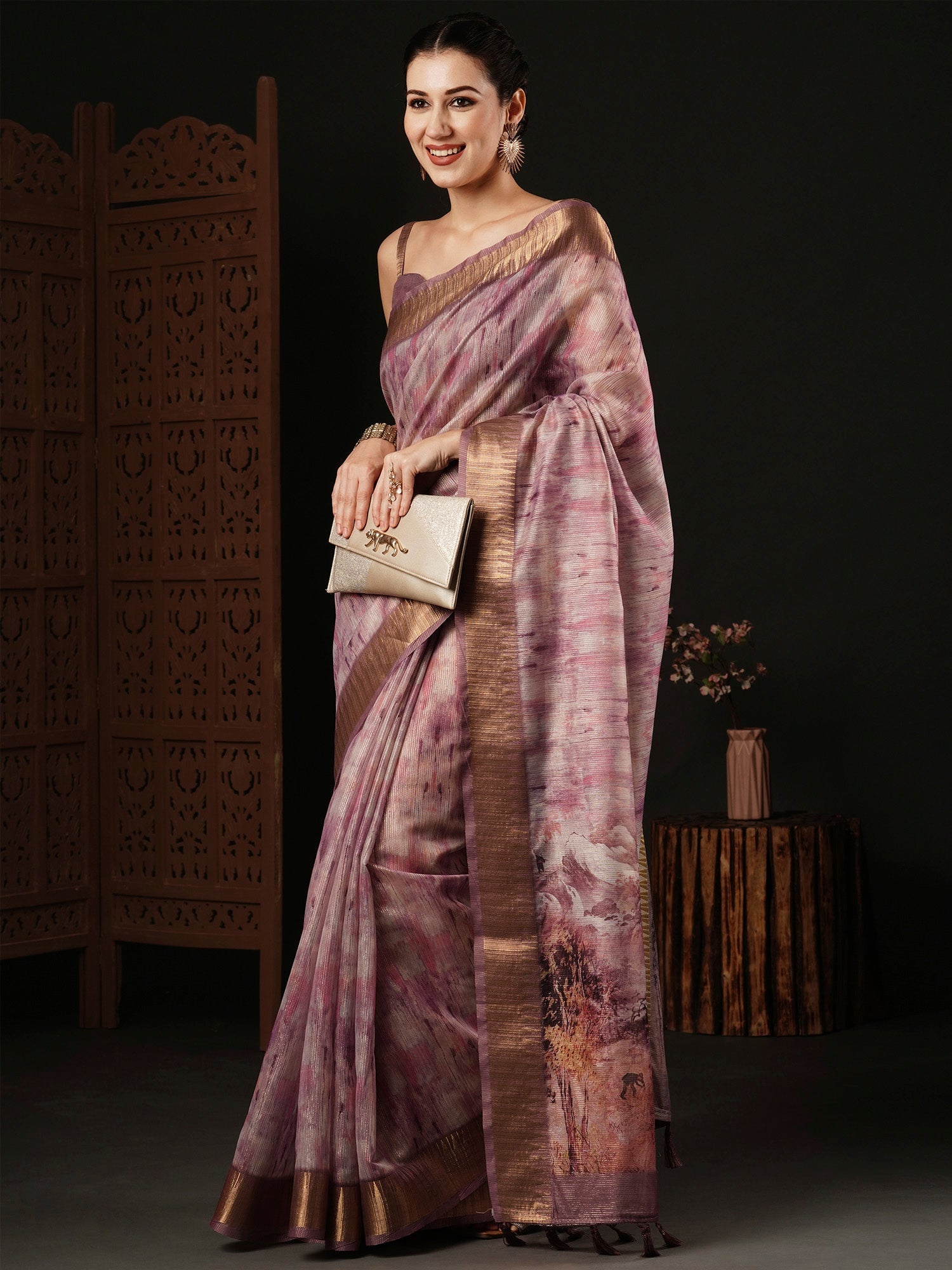 NOZ2TOZ Women's Organza Mauve Printed Designer Saree With Blouse Piece - Distacart