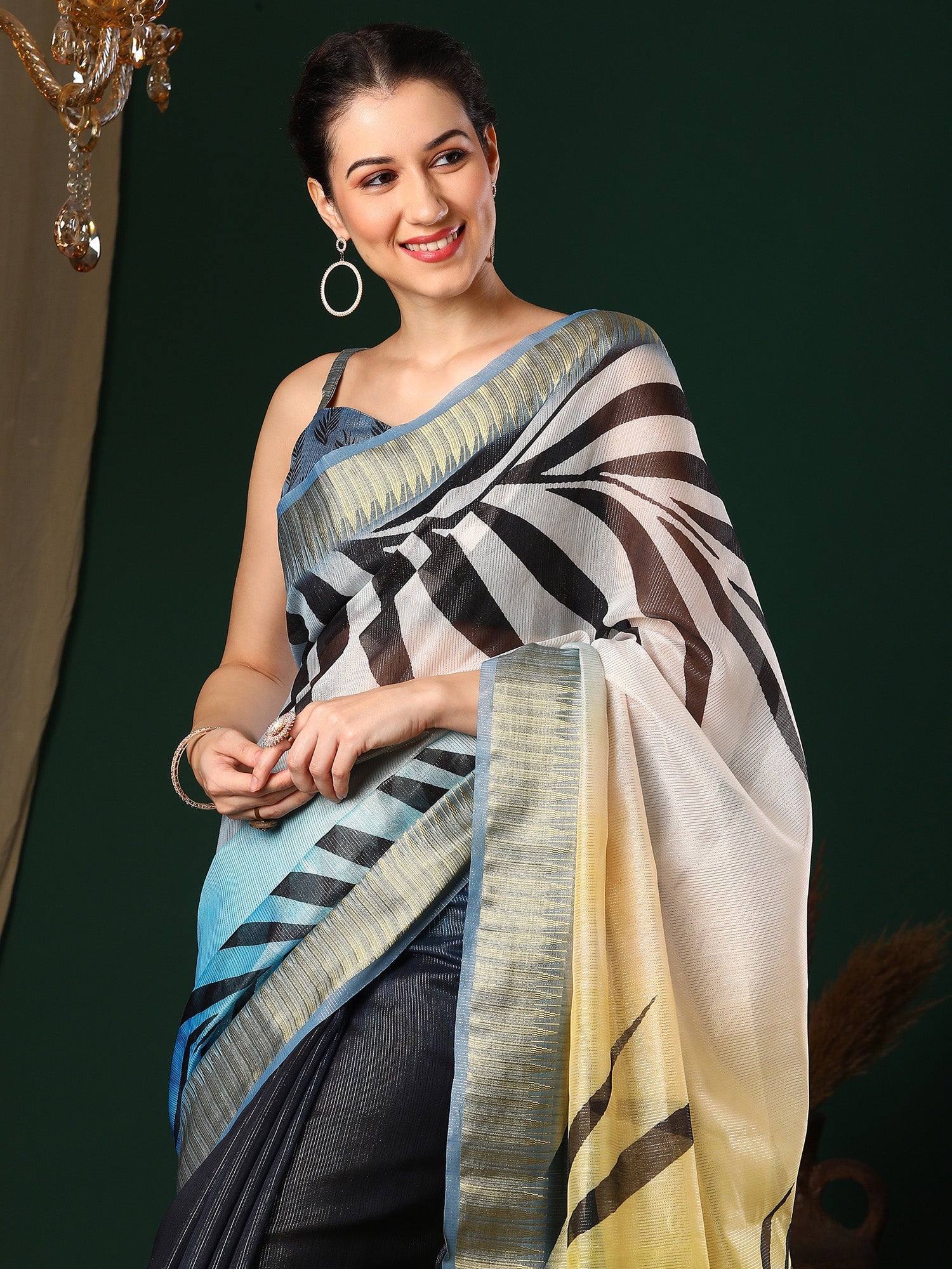 NOZ2TOZ Women's Organza Navy Blue Printed Designer Saree With Blouse Piece - Distacart