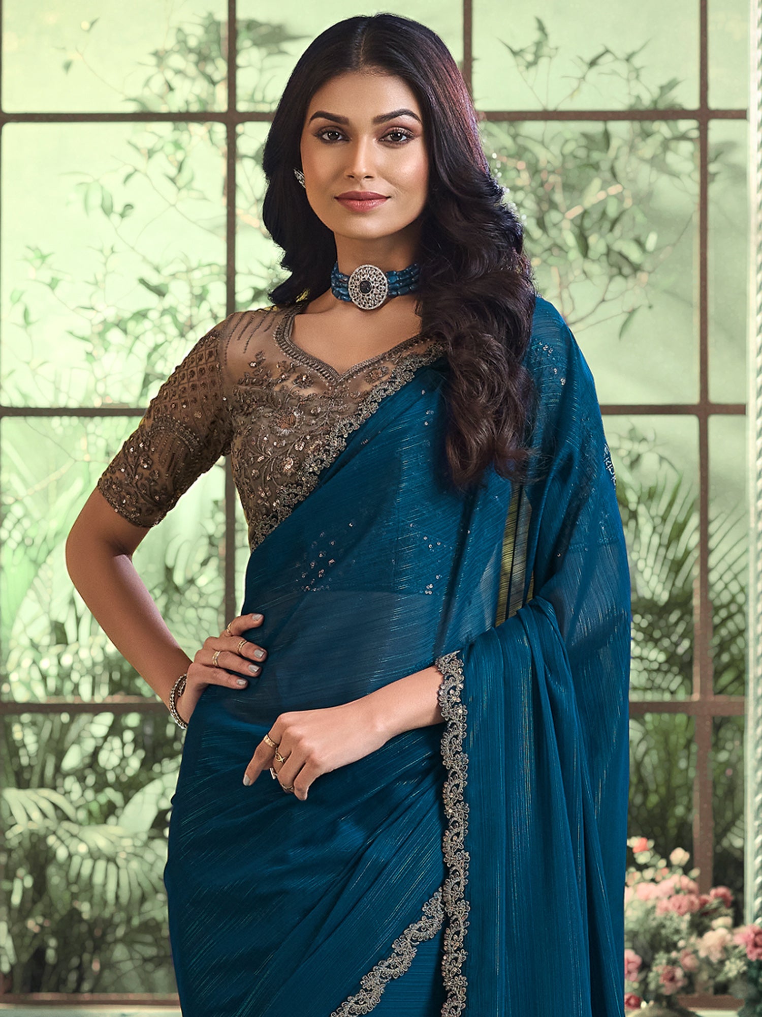 NOZ2TOZ Women's Georgette Teal blue Embellished Designer Saree With Blouse Piece - Distacart