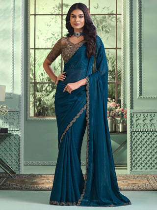 NOZ2TOZ Women's Georgette Teal blue Embellished Designer Saree With Blouse Piece - Distacart