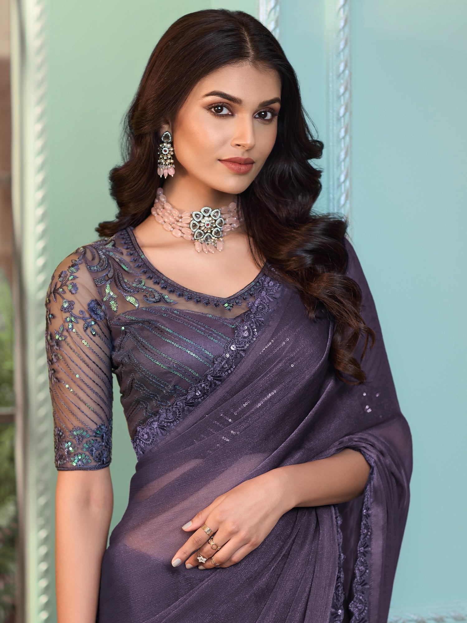 NOZ2TOZ Women's Georgette Violet Embellished Designer Saree With Blouse Piece - Distacart