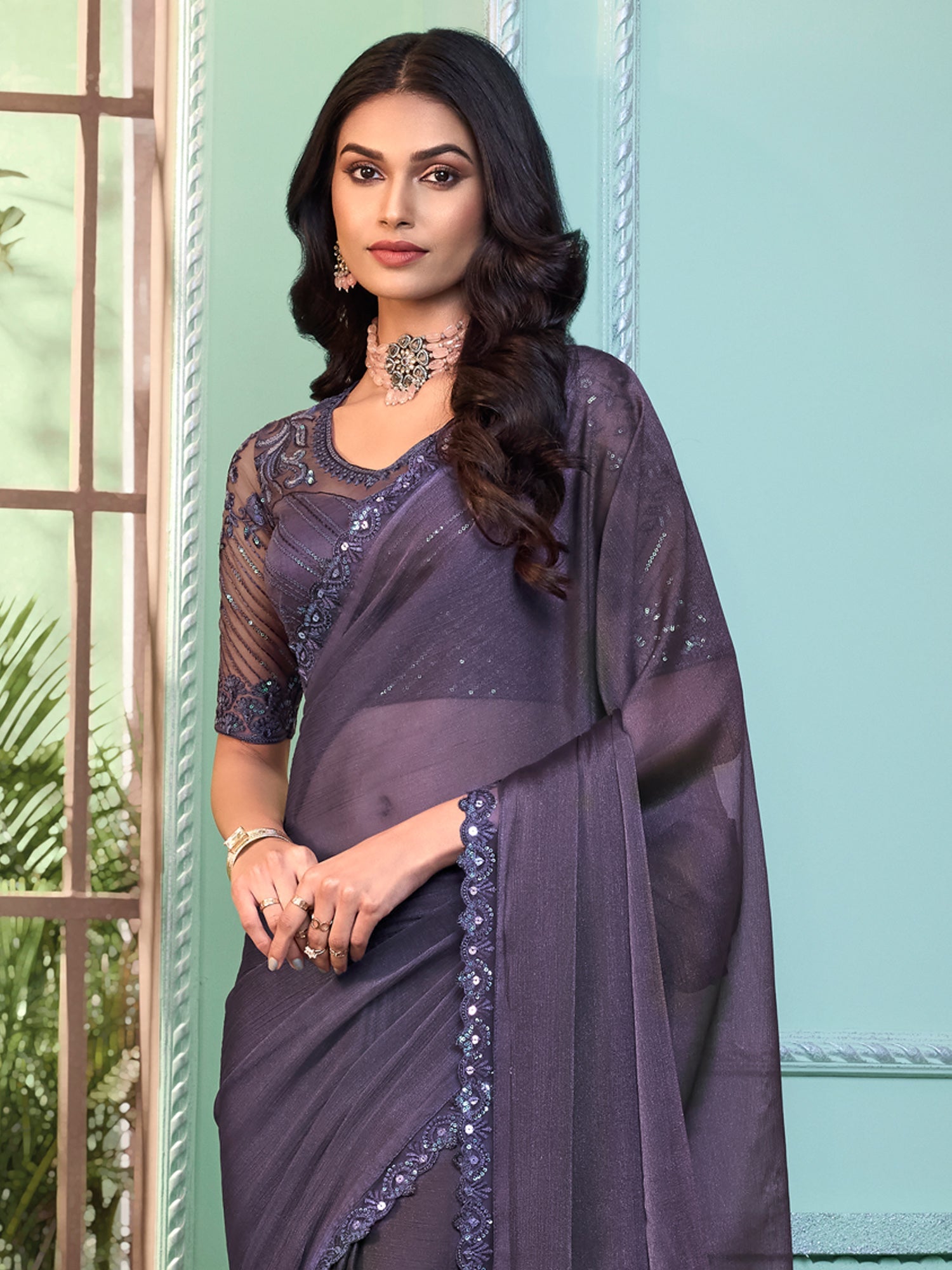 NOZ2TOZ Women's Georgette Violet Embellished Designer Saree With Blouse Piece - Distacart