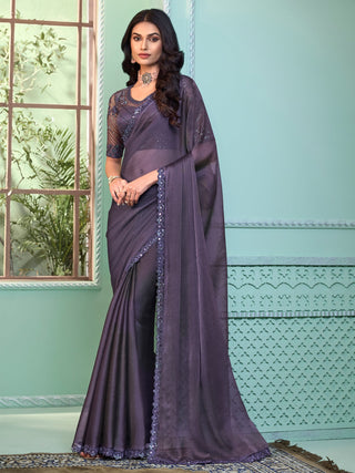 NOZ2TOZ Women's Georgette Violet Embellished Designer Saree With Blouse Piece - Distacart