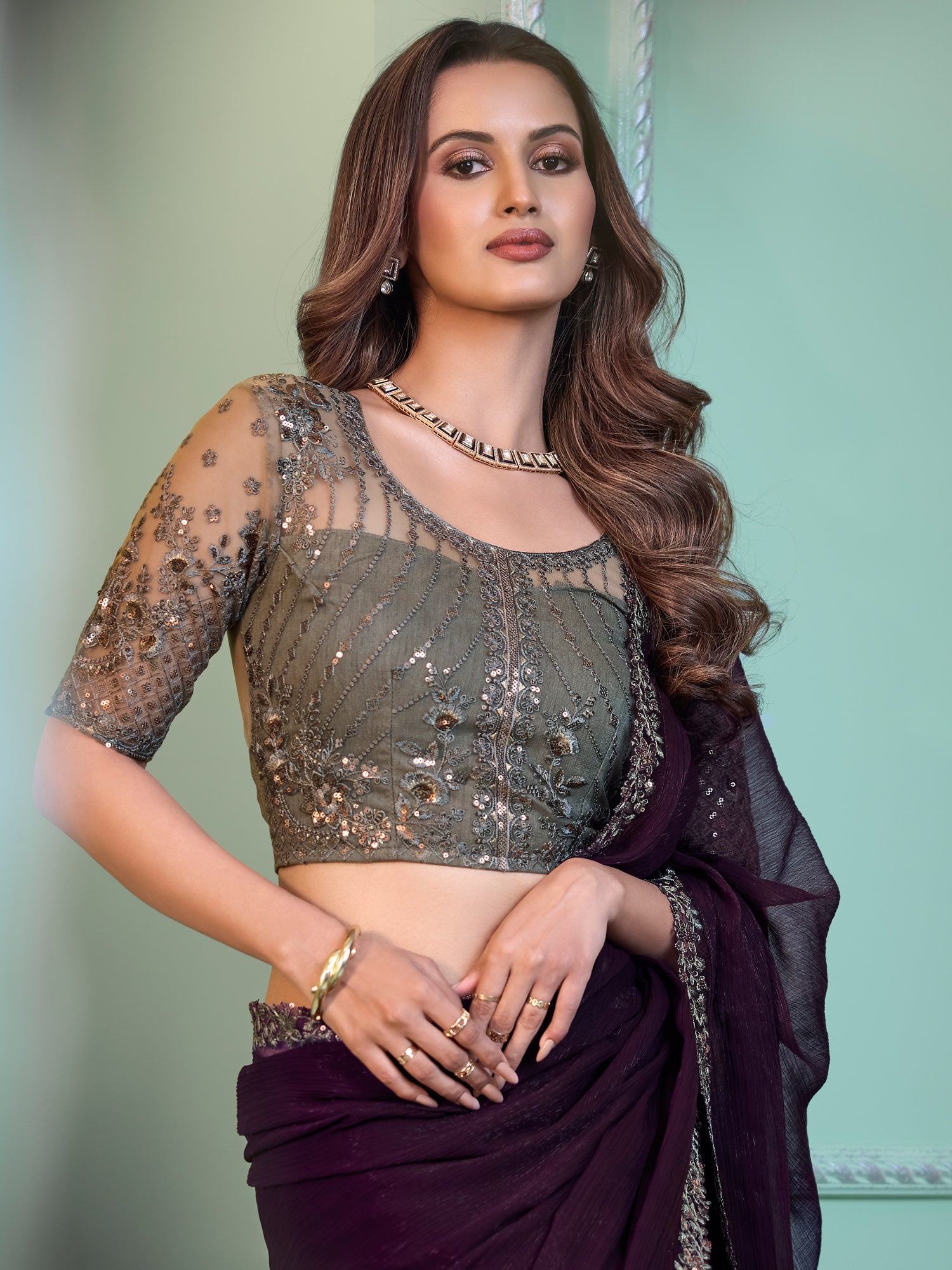 NOZ2TOZ Women's Chiffon Purple Embellished Designer Saree With Blouse Piece - Distacart