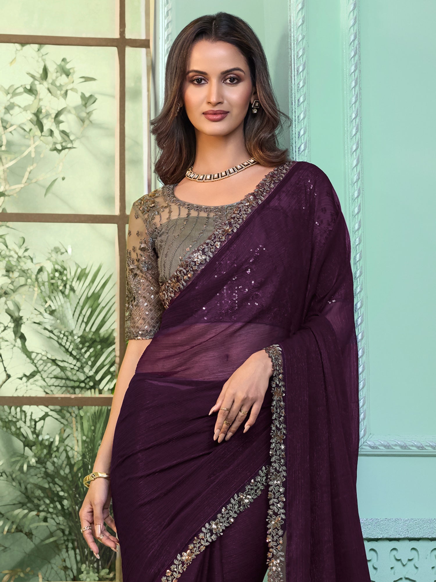 NOZ2TOZ Women's Chiffon Purple Embellished Designer Saree With Blouse Piece - Distacart