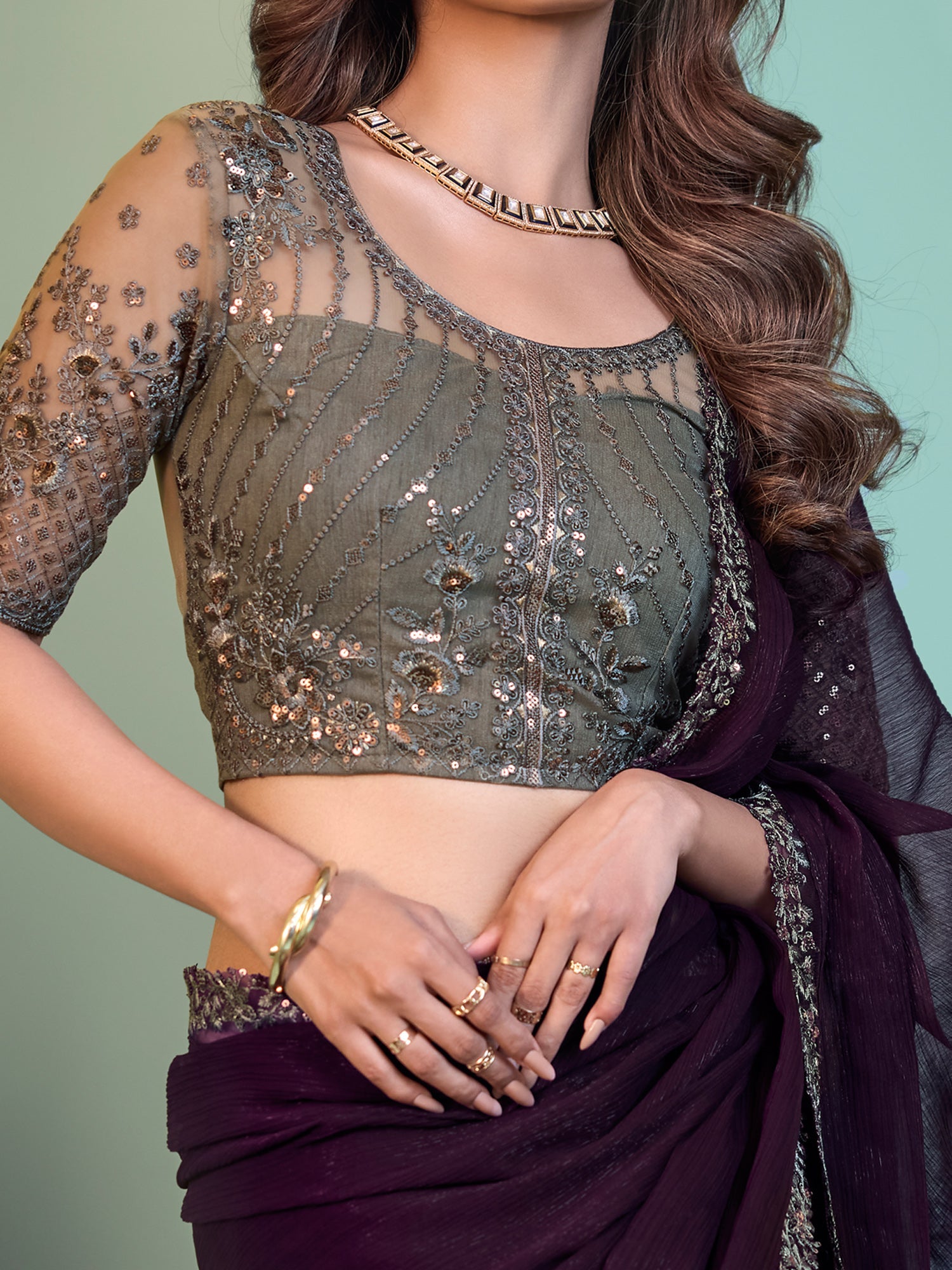 NOZ2TOZ Women's Chiffon Purple Embellished Designer Saree With Blouse Piece - Distacart