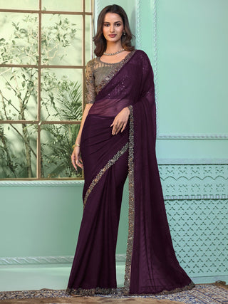 NOZ2TOZ Women's Chiffon Purple Embellished Designer Saree With Blouse Piece - Distacart