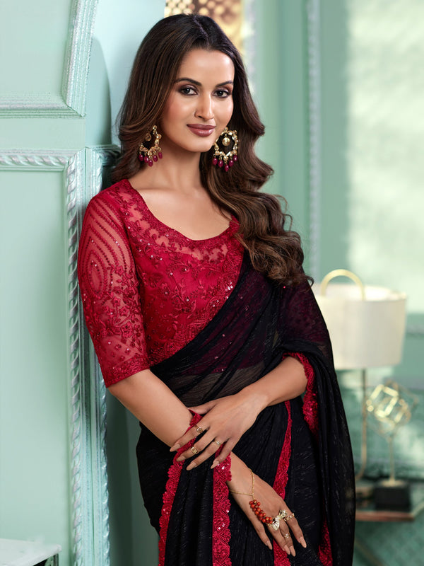 NOZ2TOZ Women's Chiffon Black Embellished Designer Saree With Blouse Piece - Distacart