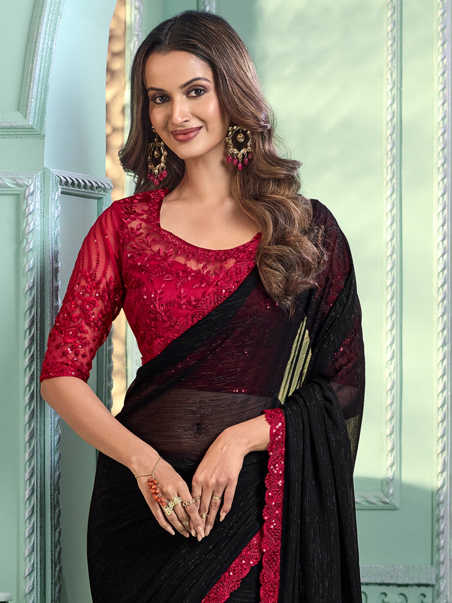 NOZ2TOZ Women's Chiffon Black Embellished Designer Saree With Blouse Piece - Distacart