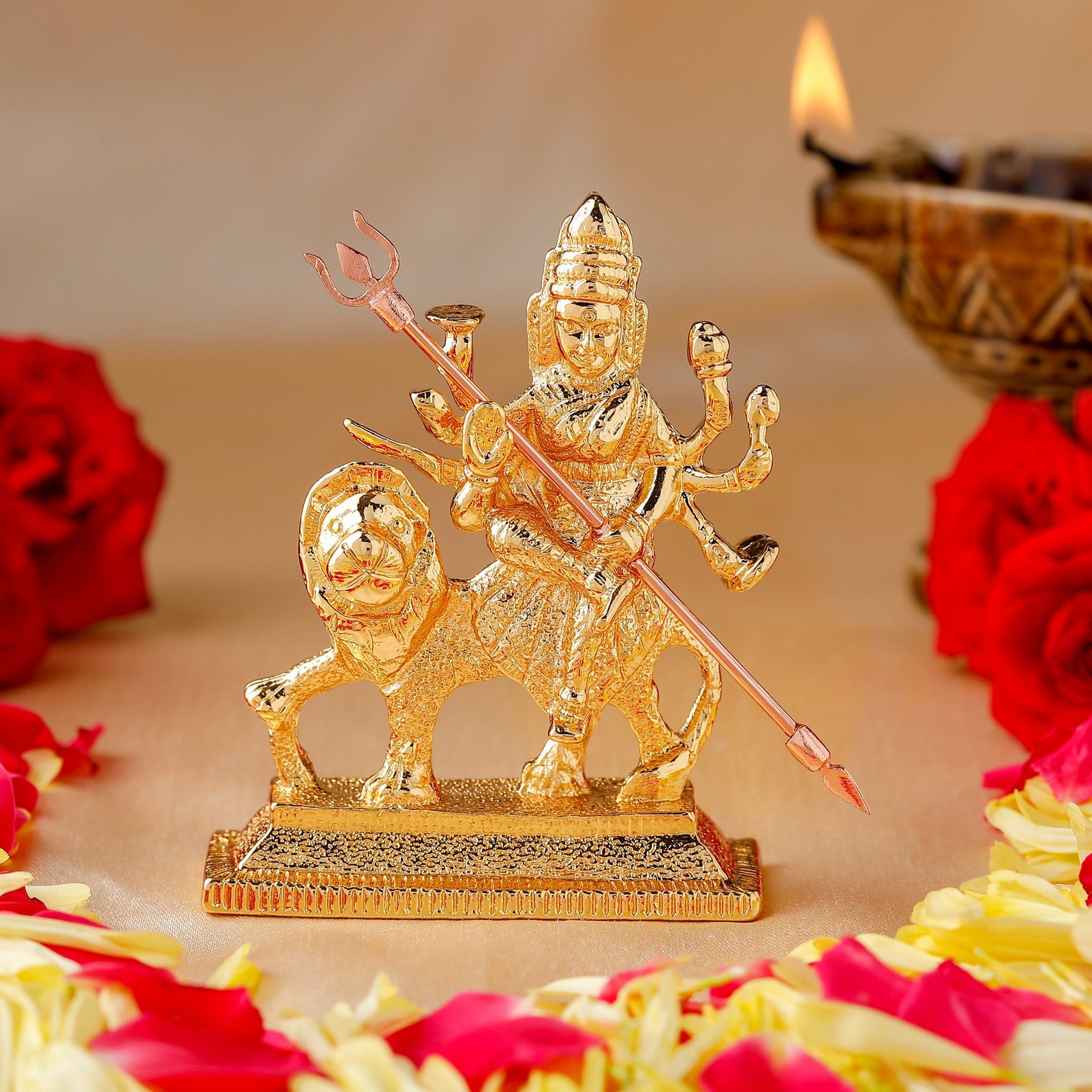 Estele Gold-Polished Durga Ma Idol with sitting on lion for Pooja & Car decor - Distacart