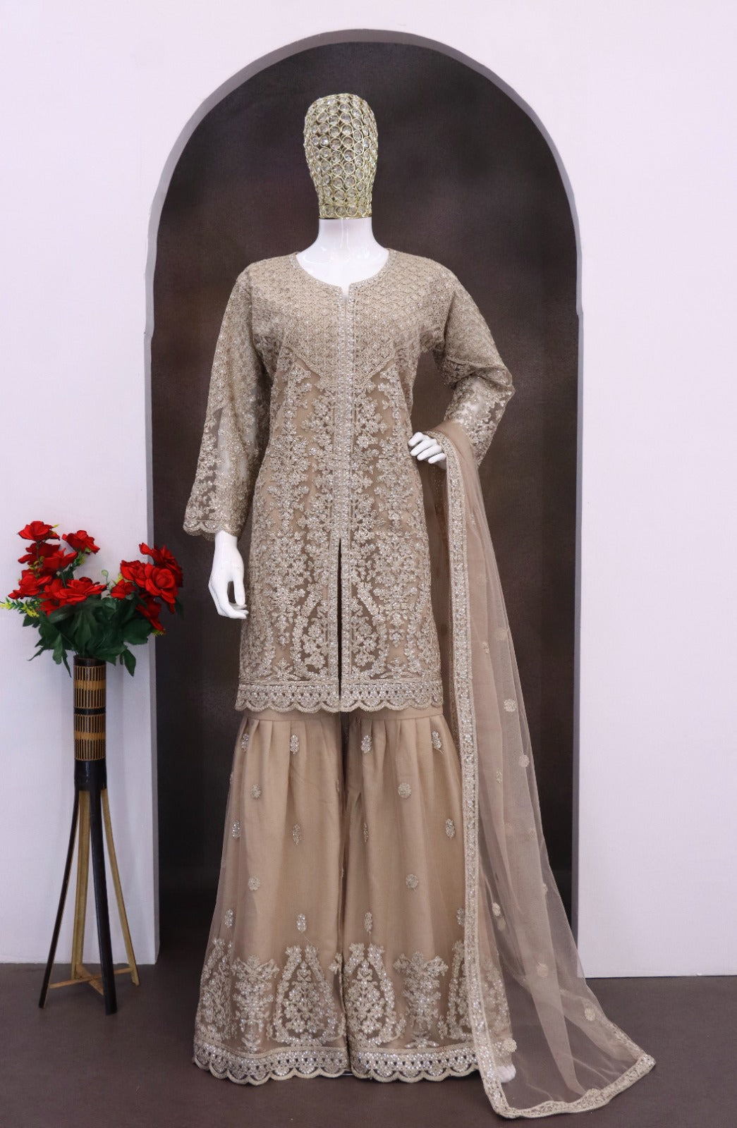 Aarshi Fashions Beige Net Full Stitched Wedding Sharara Suits