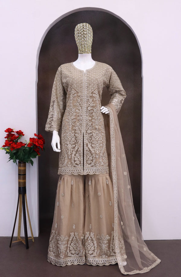 Aarshi Fashions Beige Net Full Stitched Wedding Sharara Suits