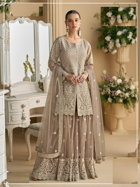 Aarshi Fashions Beige Net Full Stitched Wedding Sharara Suits