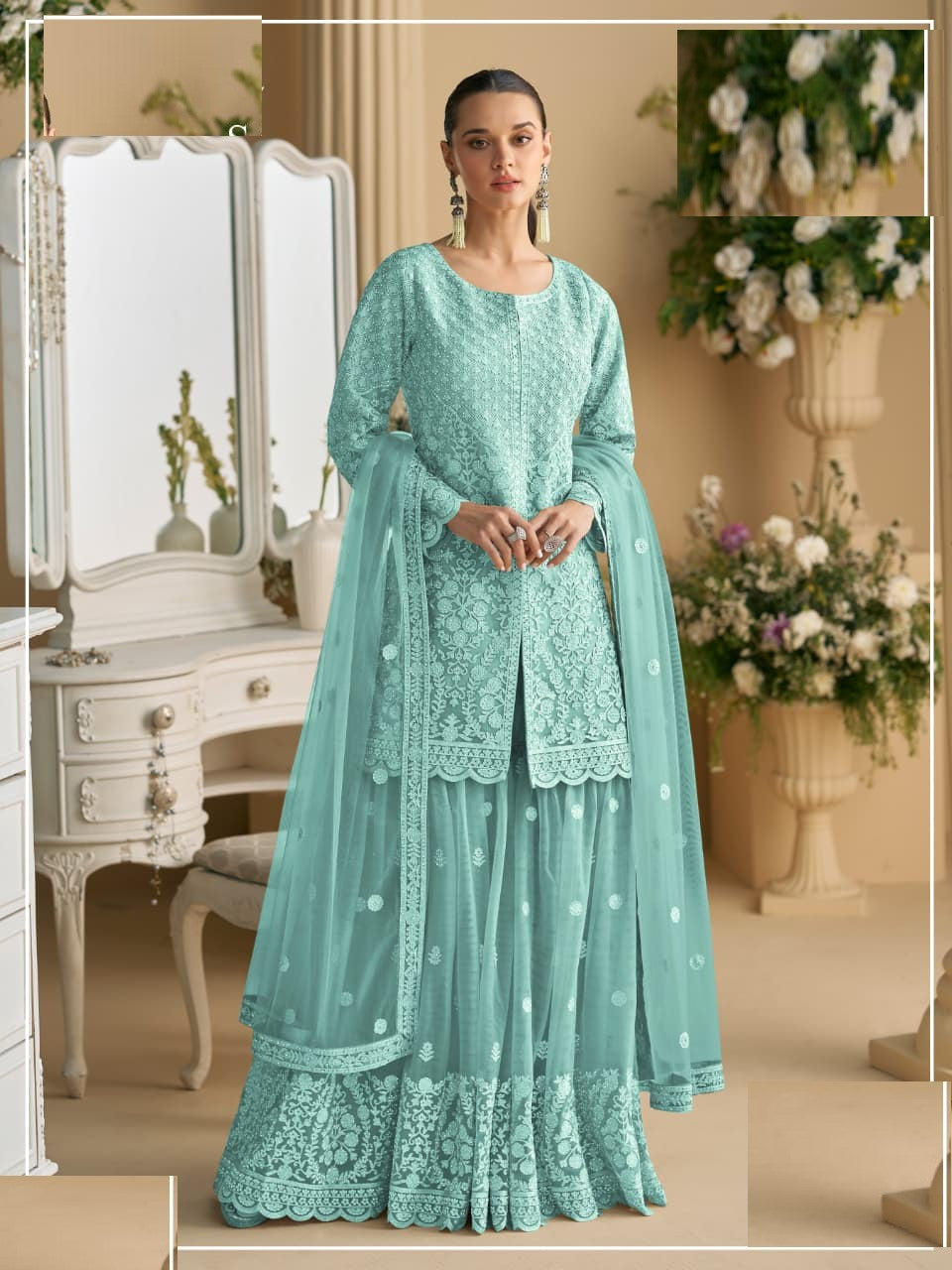 Aarshi Fashions Light Blue Net Full Stitched Wedding Sharara Suits