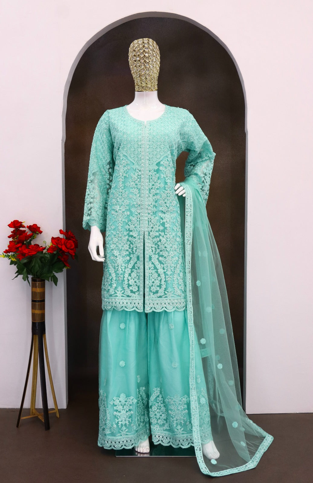Aarshi Fashions Light Blue Net Full Stitched Wedding Sharara Suits
