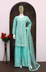 Thumbnail for Aarshi Fashions Light Blue Net Full Stitched Wedding Sharara Suits