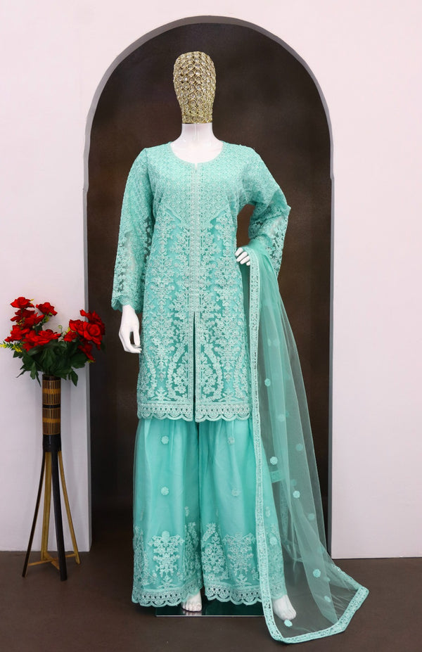 Aarshi Fashions Light Blue Net Full Stitched Wedding Sharara Suits