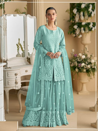 Aarshi Fashions Light Blue Net Full Stitched Wedding Sharara Suits