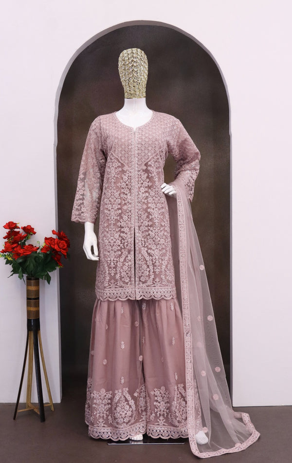 Aarshi Fashions Light Purple Net Full Stitched Wedding Sharara Suits