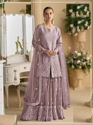 Aarshi Fashions Light Purple Net Full Stitched Wedding Sharara Suits