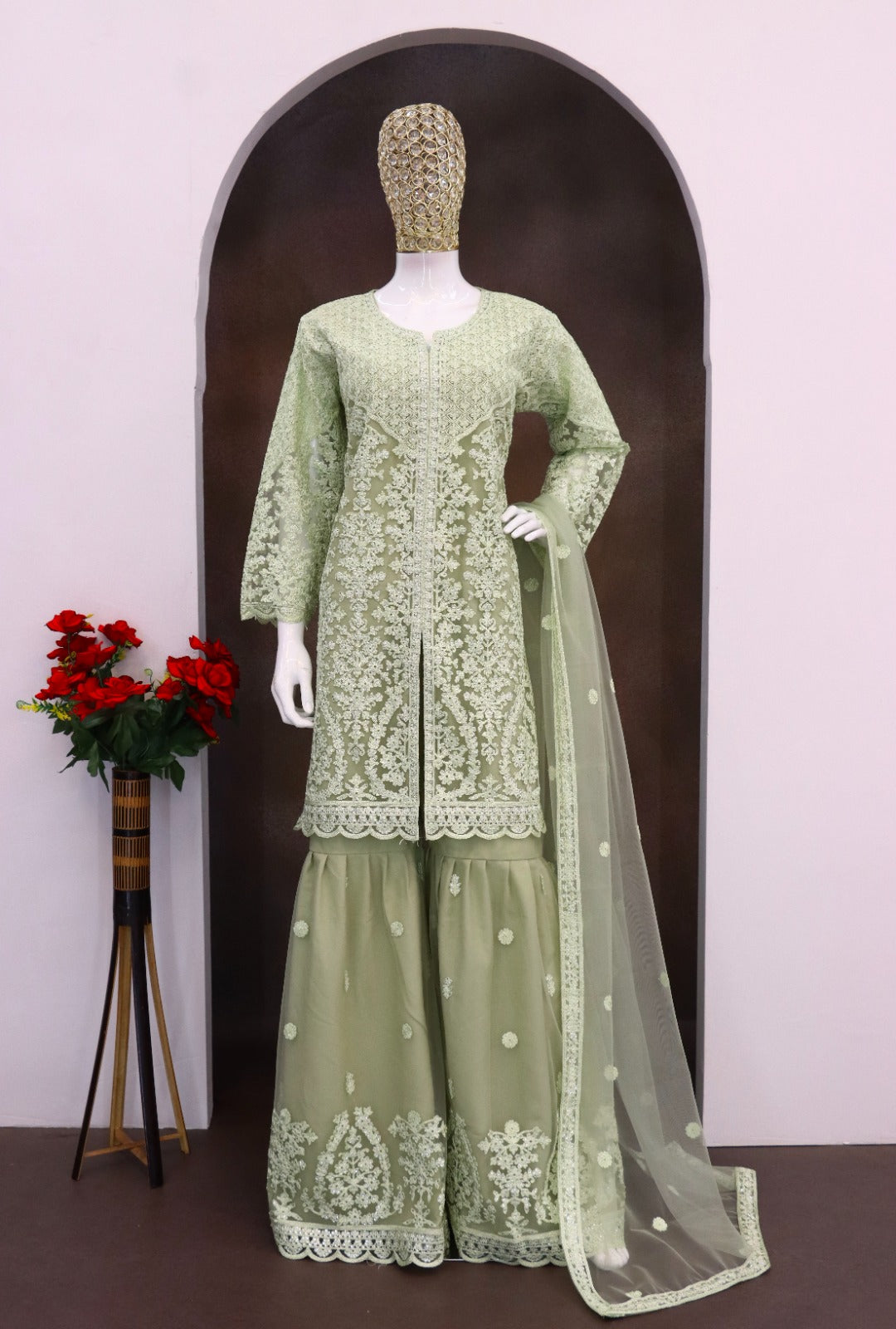 Aarshi Fashions Light Green Net Full Stitched Wedding Sharara Suits