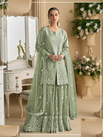 Thumbnail for Aarshi Fashions Light Green Net Full Stitched Wedding Sharara Suits
