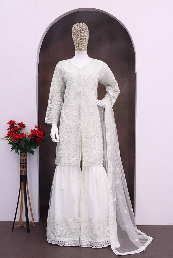 Aarshi Fashions White Net Full Stitched Wedding Sharara Suits