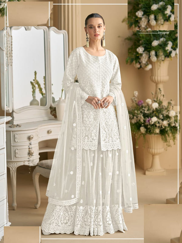 Aarshi Fashions White Net Full Stitched Wedding Sharara Suits