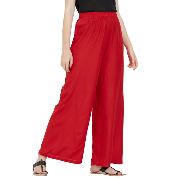 Red Rayon Ankle Length Palazzo - Hiral Fashion