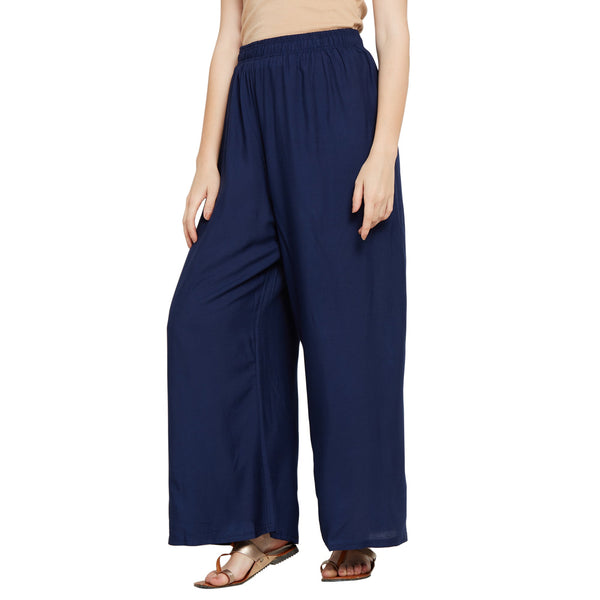 Navy Blue Rayon Ankle Length Palazzo - Hiral Fashion