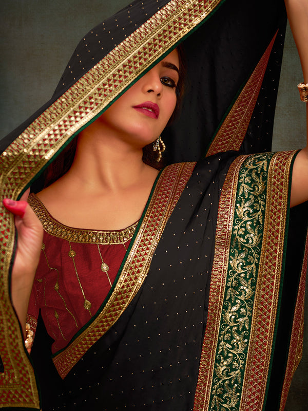 NOZ2TOZ Women's Satin Silk Maroon Embroidered Designer Saree With Blouse Piece - Distacart