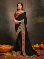 Thumbnail for NOZ2TOZ Women's Satin Silk Maroon Embroidered Designer Saree With Blouse Piece - Distacart