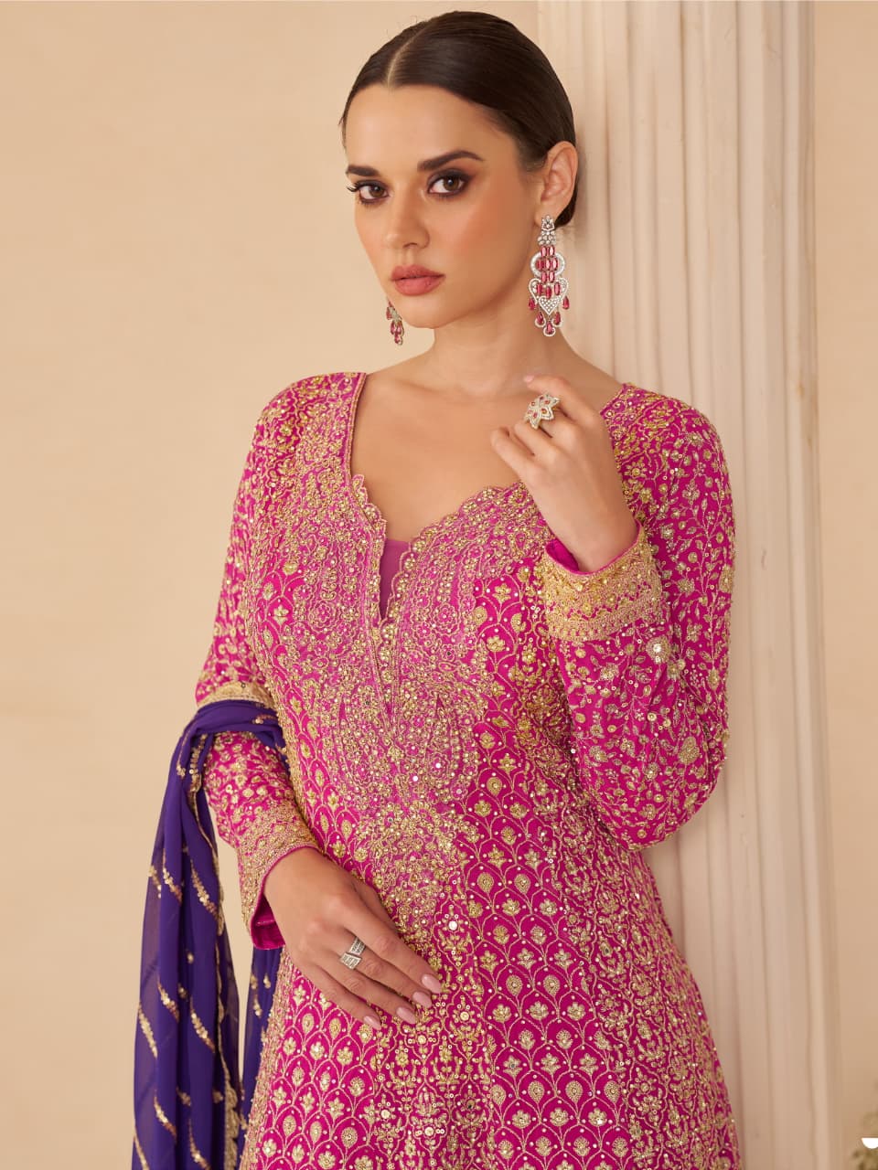 Aarshi Fashions Rose Pink Pure Georgette Full Stitched Suit - Distacart
