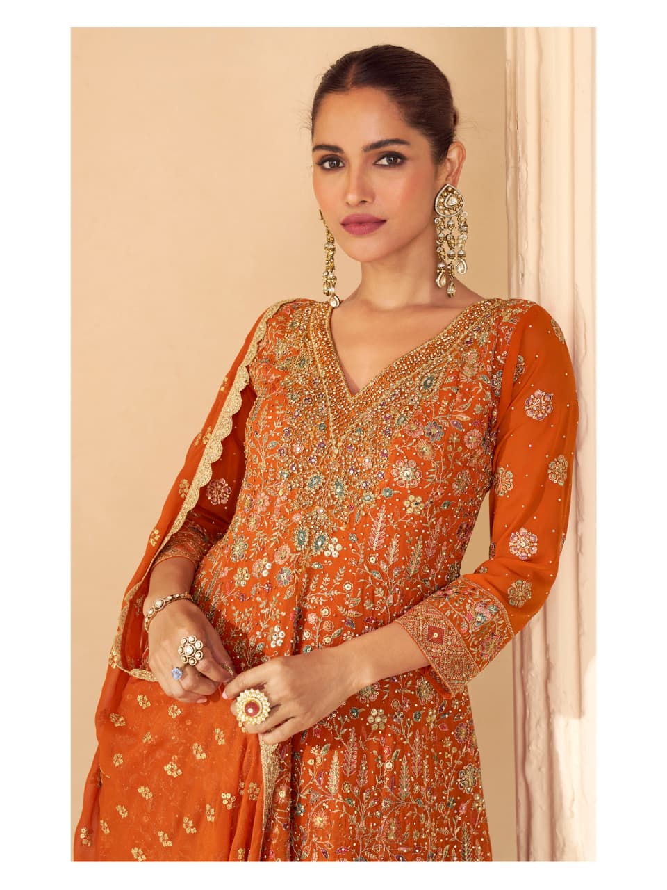 Aarshi Fashions Orange Pure Georgette Full Stitched Suit - Distacart