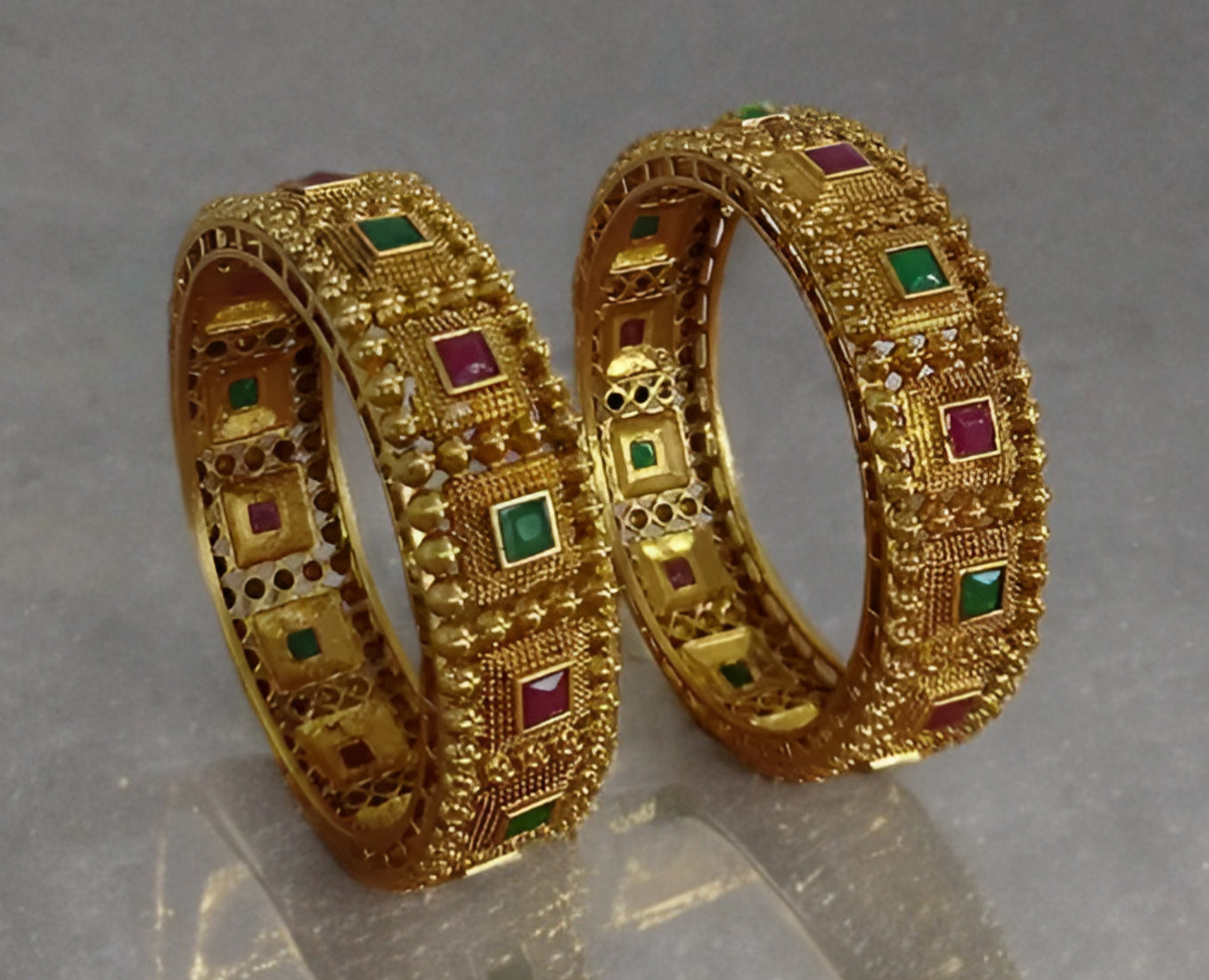 Jewel City Traditional Gold-Plated Temple Design Bangles Ethnic Kada Style Bangles with Red & Green Stones Indian Bridal Jewelry