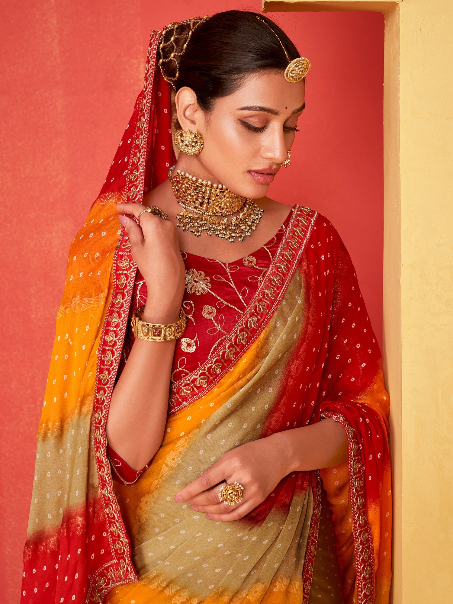 NOZ2TOZ Women's Chiffon Red Embellished Designer Saree With Blouse Piece - Distacart