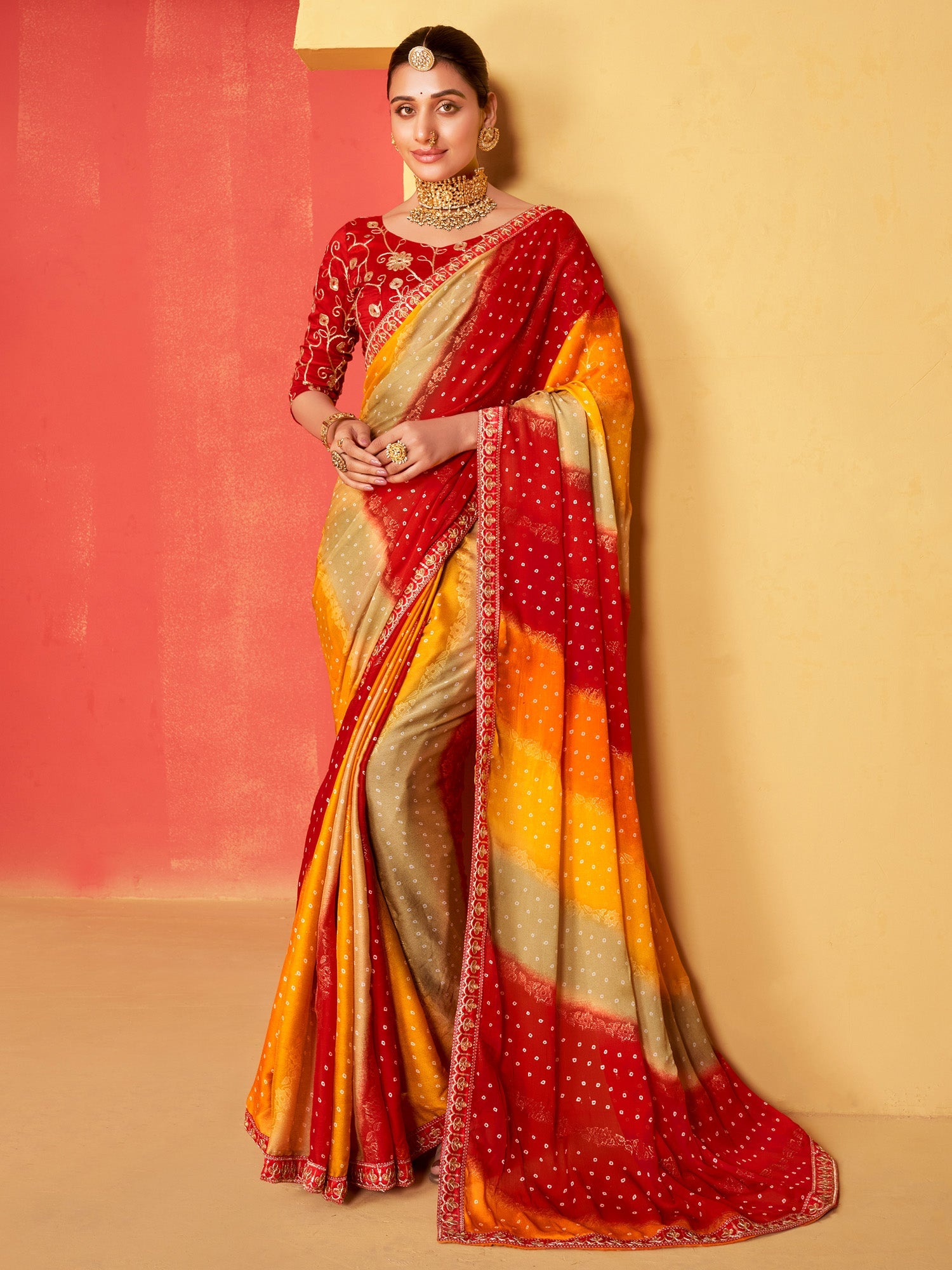 NOZ2TOZ Women's Chiffon Red Embellished Designer Saree With Blouse Piece - Distacart