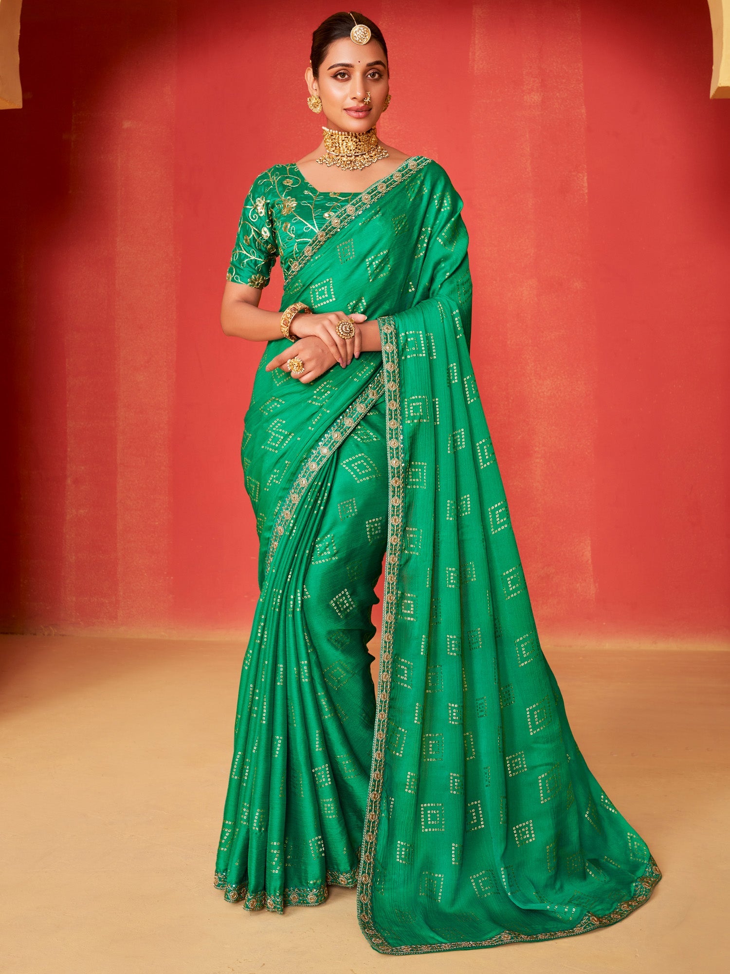 NOZ2TOZ Women's Chiffon Teal green Embellished Designer Saree With Blouse Piece - Distacart